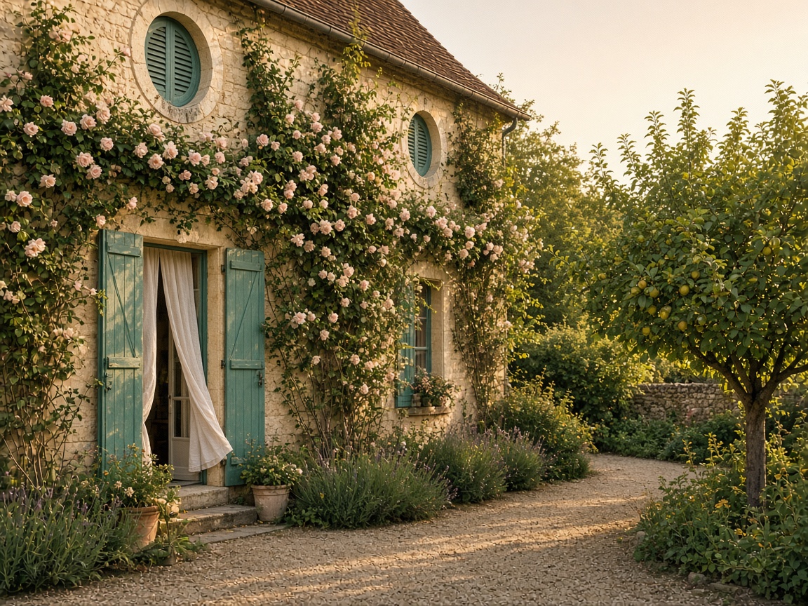 Maison de famille et jardin au soleil couchant
